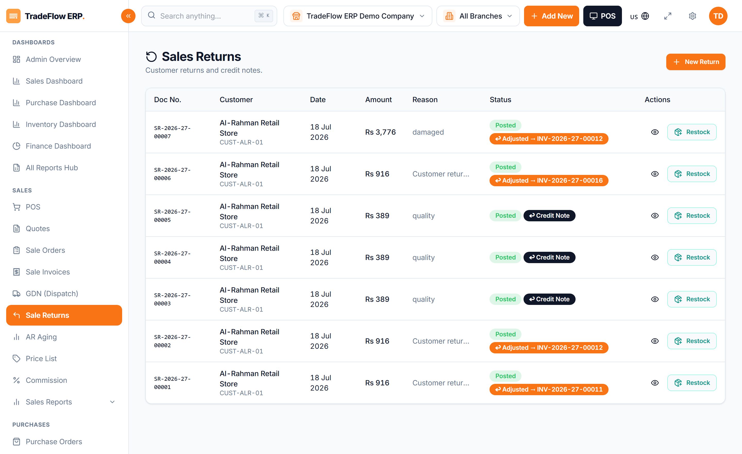 Returns & Credit Notes in TradeFlow ERP